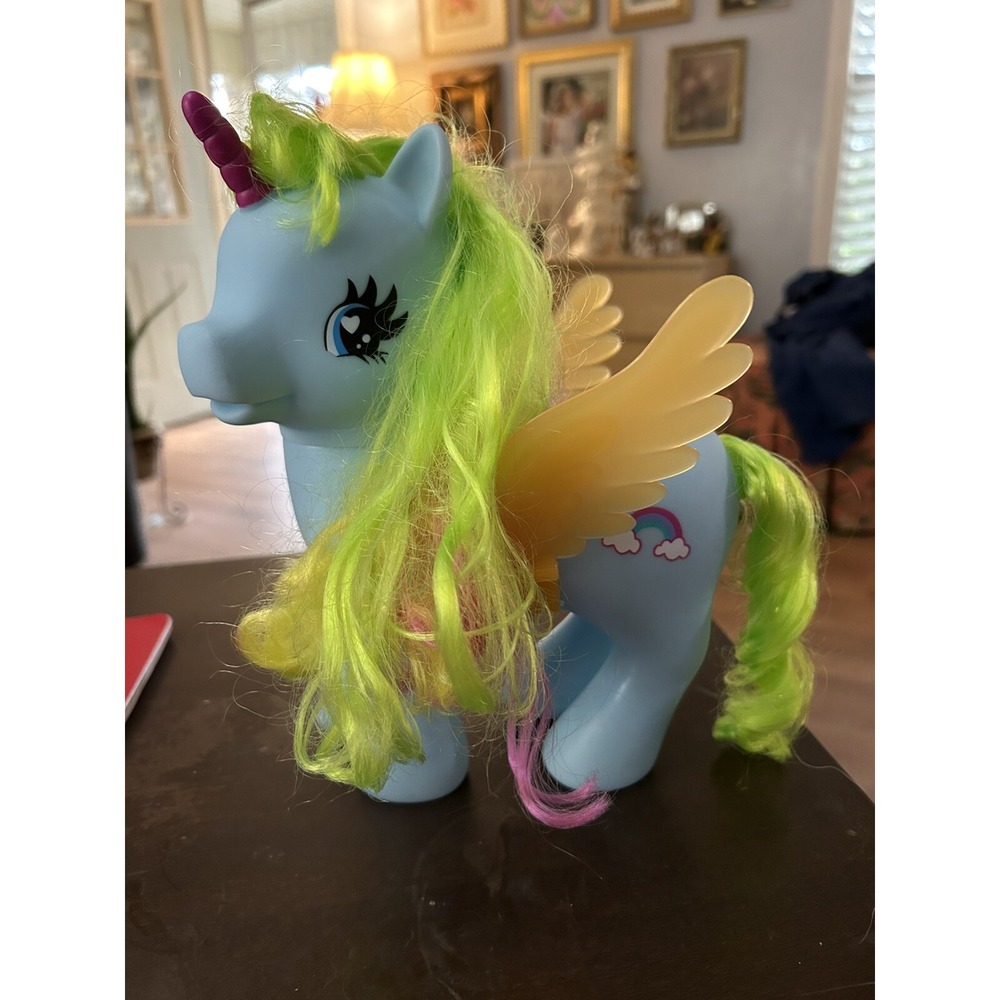 Blue Unicorn Little Pony Large 9" Rainbow Green, Yellow And Pink Hair‎ W/ Wings